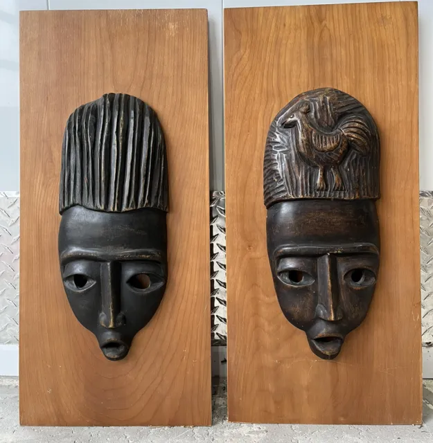 African masks tribal vintage Wood Carved Hanging Wood Large Heavy Lot Of 2