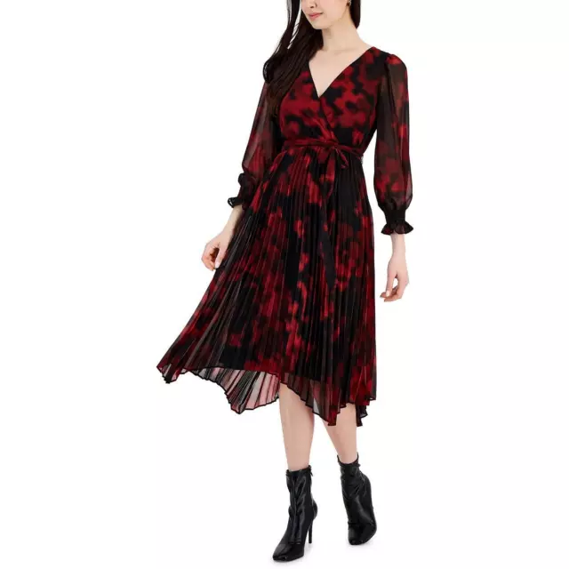 Taylor Womens Red Handkerchief Hem Midi Shutter Pleat Wrap Dress 10 BHFO 8398