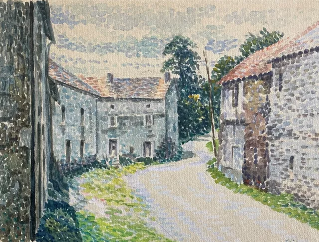 Creuse Entrée de village aquarelle pointilliste de Faureau vers 1935 France