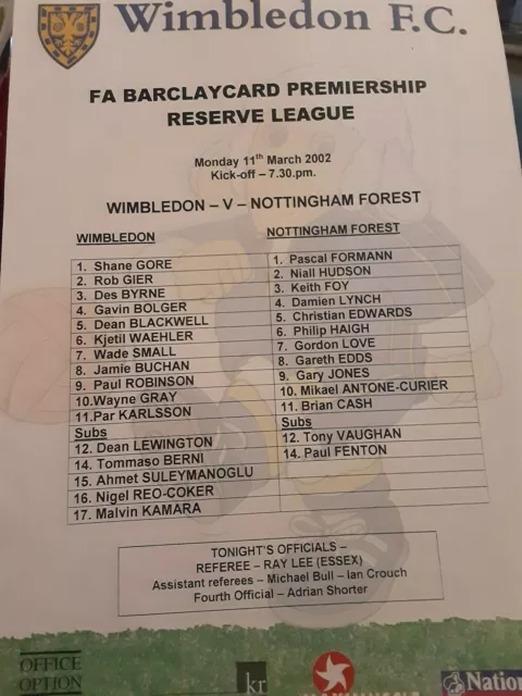 Wimbledon v Nottingham Forest 2001-2002 Colour Teamsheet