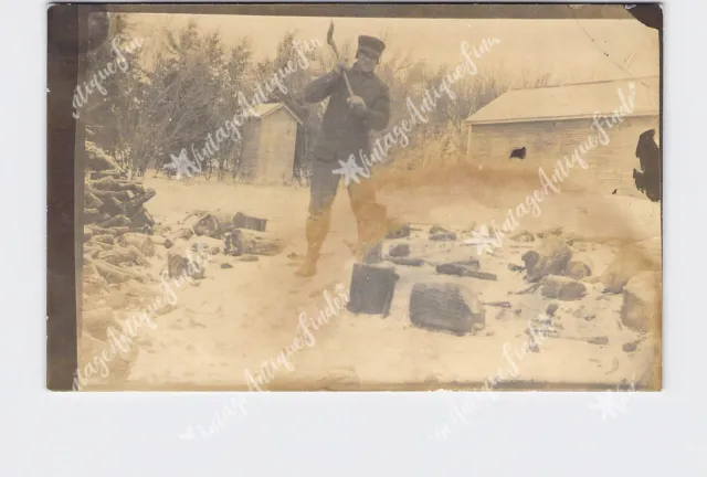 RPPC Real Photo Postcard Man Chopping Wood In Winter Outhouse Azo 1904-1918