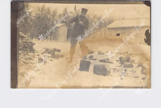 RPPC Real Photo Postcard Man Chopping Wood In Winter Outhouse Azo 1904-1918 RPPC Real Photo Postcard Man Chopping Wood In Winter Outhouse Azo 1904-1918