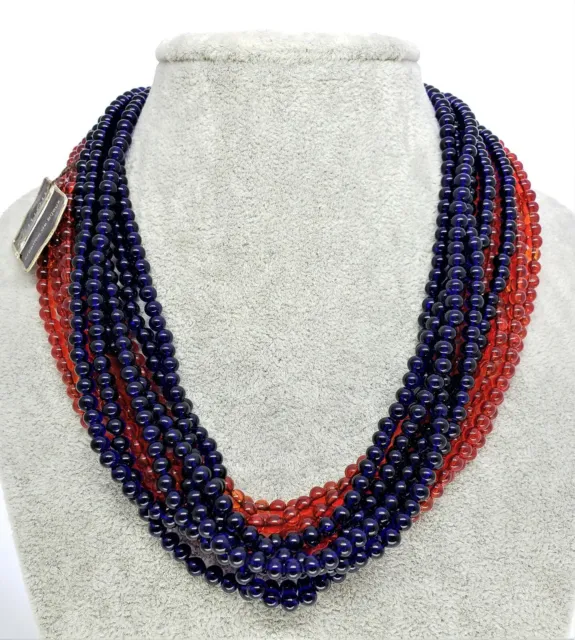 Italian Glass Beaded Blue Red Choker Twist Multistrand Necklace Monise 80s 90s