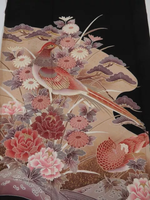 3R01z100 Japanese Kimono Silk  FABRIC Black Birds 44.1"