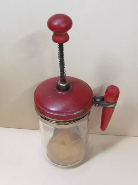 RED Wood Handle Vintage ACME? METAL Glass Jar NUT VEG CHOPPER complete