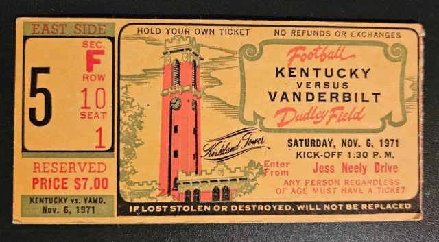 Vanderbilt Commodores Kentucky Wildcats Football Ticket Stub 11/6 1971 Jim Reed