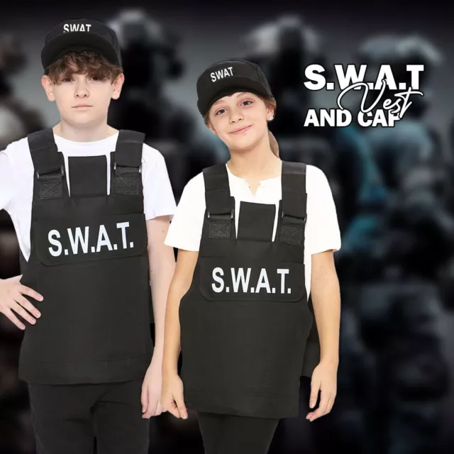 Kids Police Swat Bulletproof Vest & Swat Cap Hat Costume Fancy
