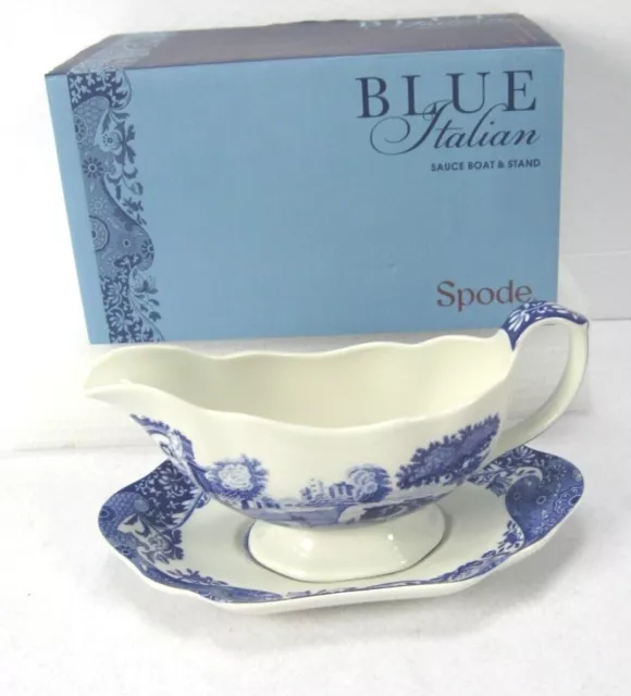 Spode Blue Italian Gravy Sauce Boat and Stand 9 oz. Fine Porcelain Blue White