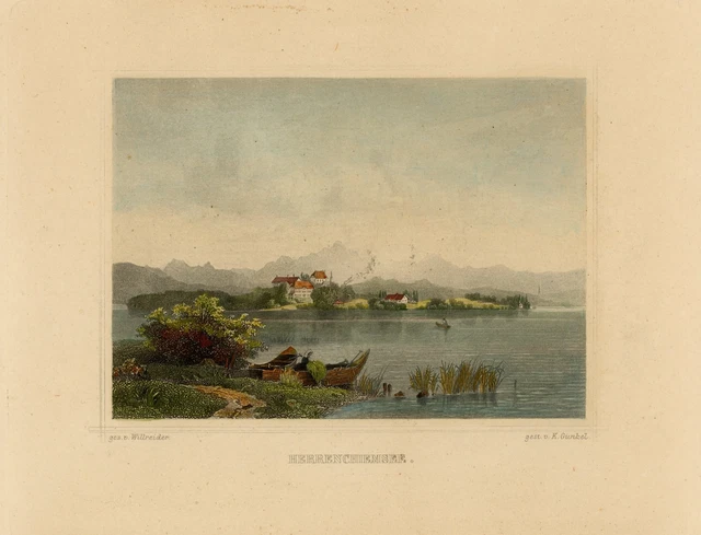 Carl Gunkel Herrenchiemsee Chiemsee Insel Bayern kolorierter Stahlstich