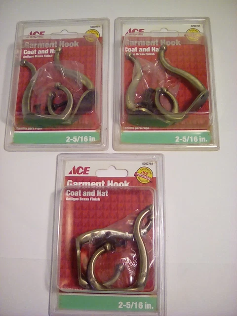 3 Ea. Ace Brand Garment /Coat/ Hat Hooks, Antique Brass Finish, P/N 5292784,