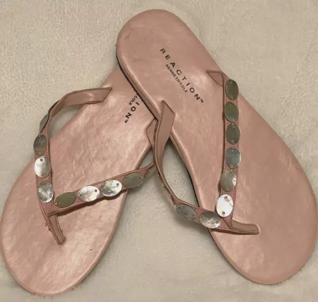 New Reaction by Kenneth Cole Pink Thong Sandal Flip Flop with Abalone Shell Sz 6