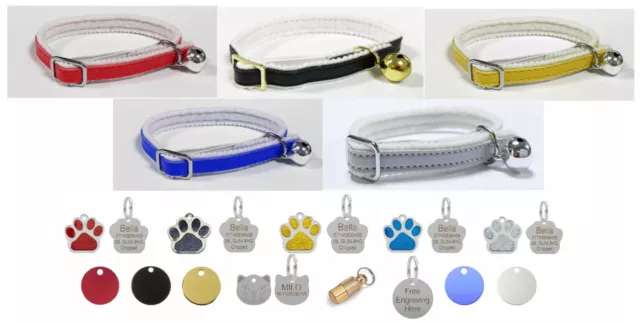 Cat / Kitten Leather Collar with Safety Elastic, Bell & Personalised Pet Tag