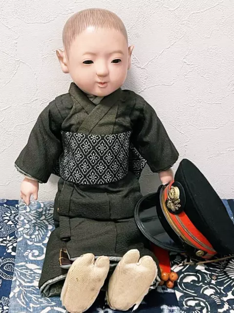 Antique Ichimatsu Ningyo Shunsui Doll Japanese Boy Size 16.5inch w Cap Japan