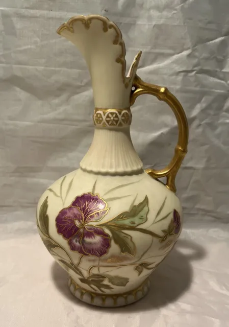 Rare Antique Limoges AK  France Hand Gold Painted Ewer Pitcher Flowers