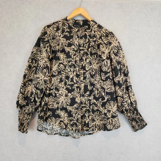 Decjuba Top Blouse Womens Size 14 Black Tan Floral Button Linen Long Sleeve NEW