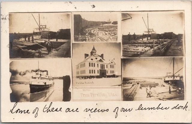 1910 PORT WING Wisconsin Photo RPPC Postcard LUMBER DOCK SCENES / Steamer Train