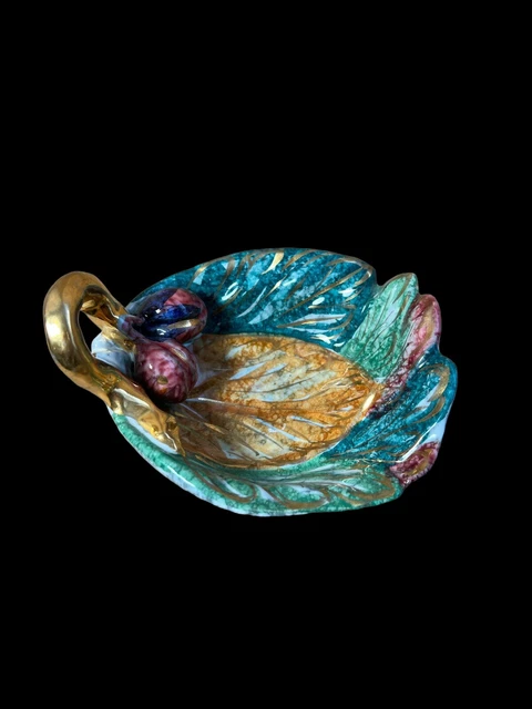 Vintage Italy Majolica Bowl Peach w/ Leaf Handle Ceramic Dish Signed Numbered