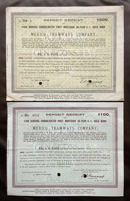 2 Mexico Tramways 5% Gold Bonds 1916 - $500 & $100