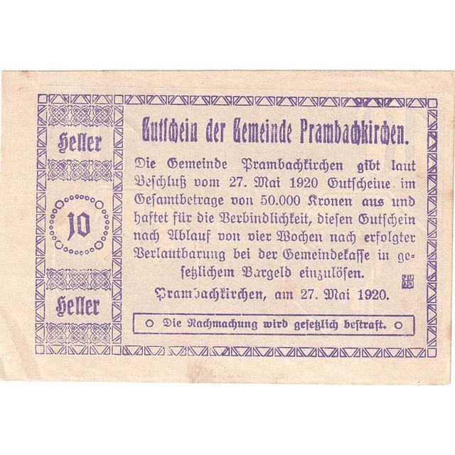 [#287984] Austria, Prambachkirchen, 10 Heller, Eglise, 1920, UNC, Mehl:FS 779, a