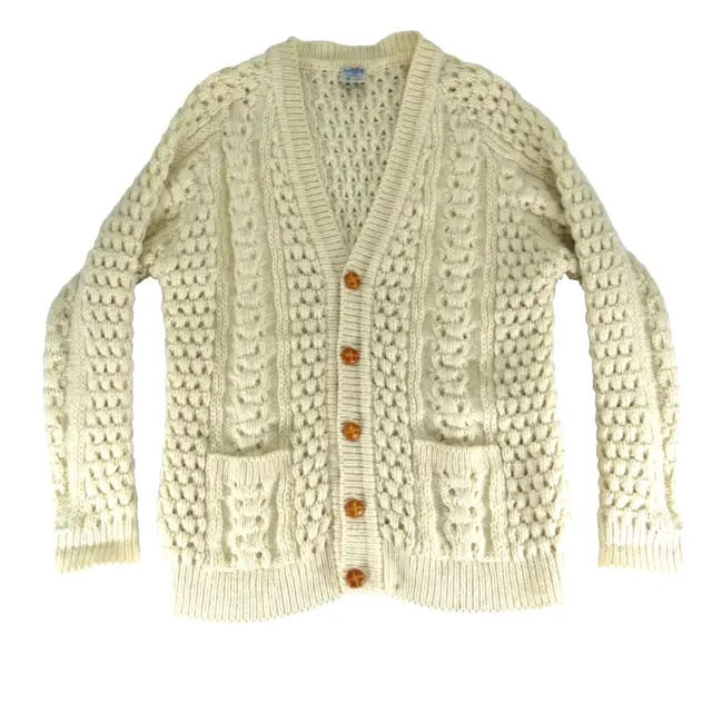John Molloy Womens XL or XXL Hand Chunky-Knit Cardigan 100% Wool Beige Vintage