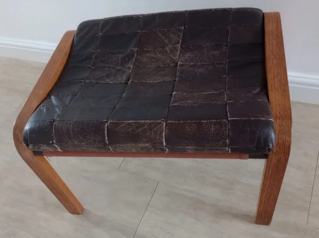 Retro Mid Century 1970s Turned teak wood Stool Seat with real Leather Patchwork