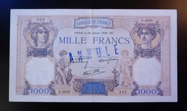 billet de 1000 francs CERES ET MERCURE 26/1/1939  ANNULE