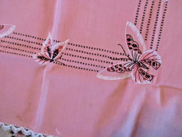 Vintage BUTTERFLIES Hand Embroidered LINEN Tablecloth CROCHETED EDGE 30" x 33"