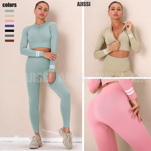 Women Long Sleeve Yoga Set Zipper Crop Top Leggings Gym Pilates TikTok Tracksuit