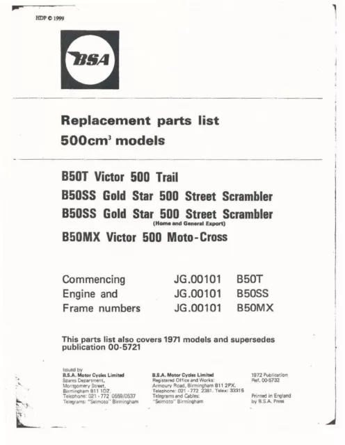 BSA Parts Manual Book 1971, 1972 & 1973 B50T Victor 500 Trail