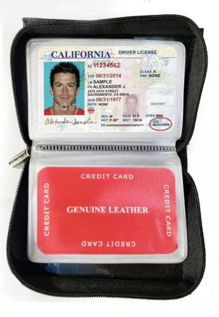 Black Genuine Leather Business Card Organizer Plastic Insert Zip Around Wallet.