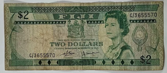 1980 $2 FIJI Two Dollar Note P77 - CIRCULATED Barnes & Tomkins VGC Free Post!