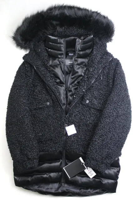 DKNY Womens Faux-Fur-Trim Zip Hooded Puffer Coat Small Black
