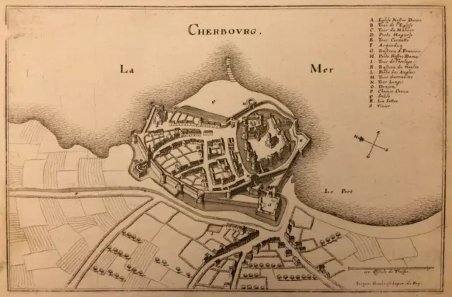 Plan de Cherbourg, gravure ancienne XVIIe siècle Mérian