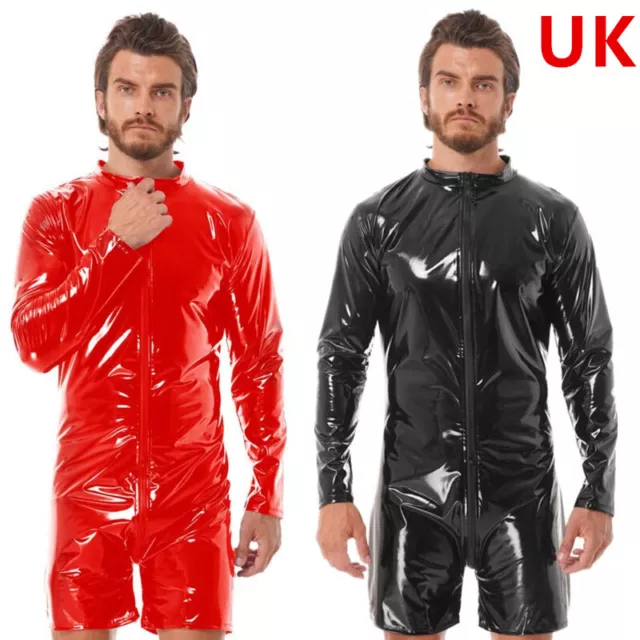 Mens One Piece PVC Leather Catsuits Wet Look Jumpsuit Bodycon Bodysuit Clubwear