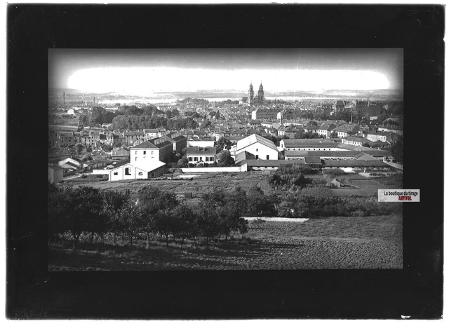Antique photo glass plate positive black & white 13x18 cm country city France