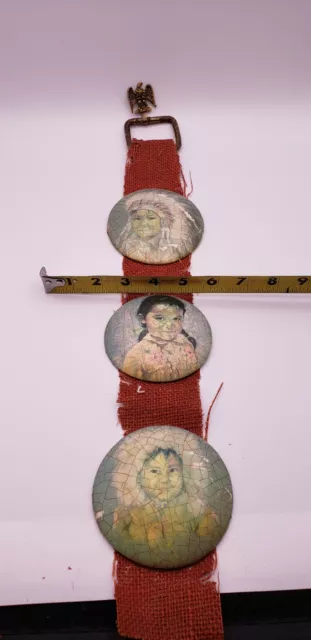 Antique Native American Children pics on  Strap w/brass American Eagle hanger