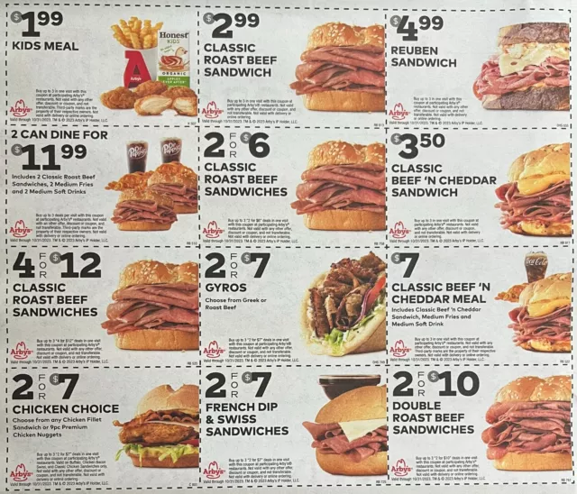 Lot of 15 Assorted ARBY'S Coupons Roast Beef Sandwich Meal Deal (exp. 10/31/23)