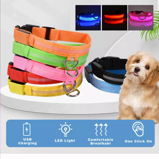 USB Rechargeable LED Dog Collar Nylon Glow Flashing Light Up Safety Pet Collars