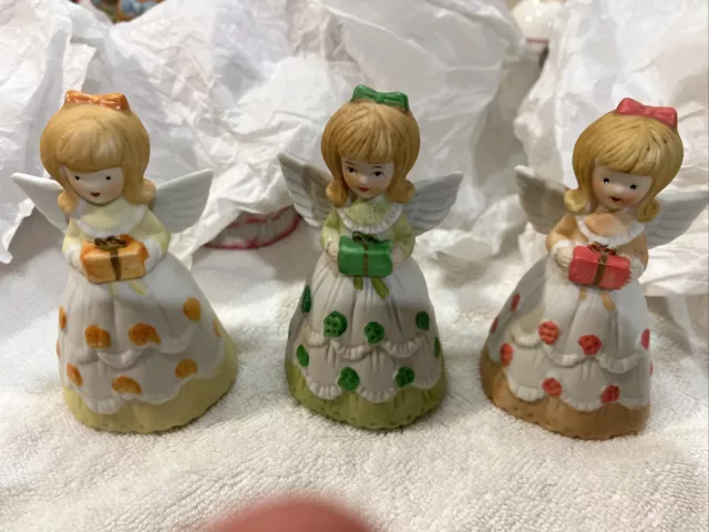 Vintage Bisque Bell Angels  With Gifts Set Of 3 4.5”  Tall Orange Green Pink