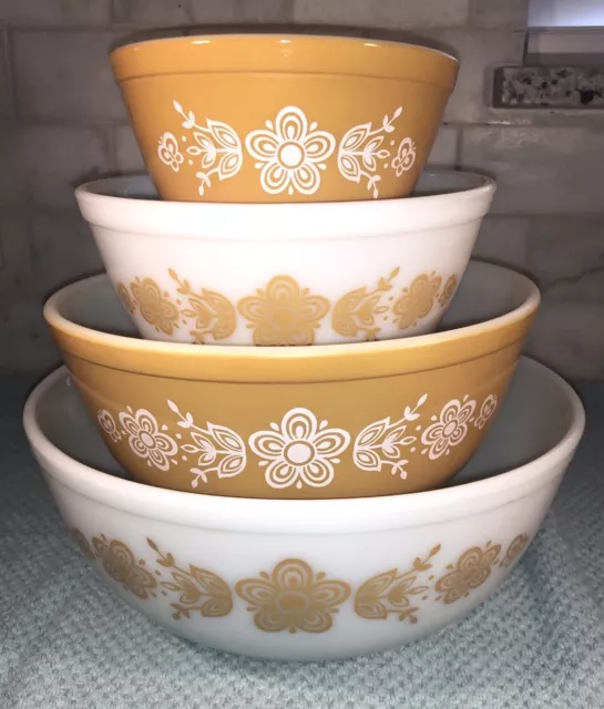 4 Vtg Pyrex Butterfly Gold Nesting Mixing Bowls   401, 402, 403, 404