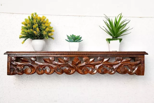 Hand Carved Decorative Brown Wooden Wall Mounted Shelf/ Bracket Vintage Finish