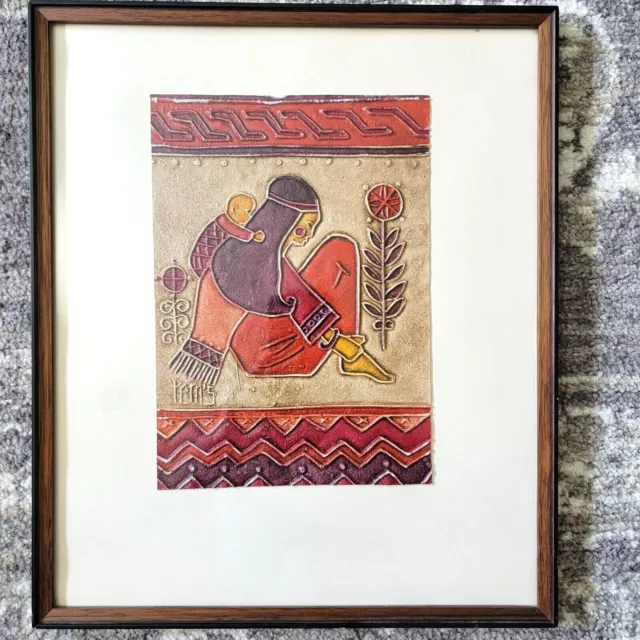 Vintage REMS Native baby sarapi Reds Beige RELIEF FOLK ART Southwest framed