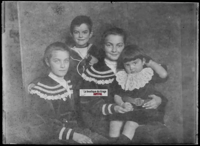 13x18cm Family Kids Negative Black & White Antique Photo Glass Plate
