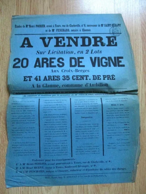 Affiche Vente Aux Enchères 1885 20 Ares De Vigne A Ambillou Indre Et Loire