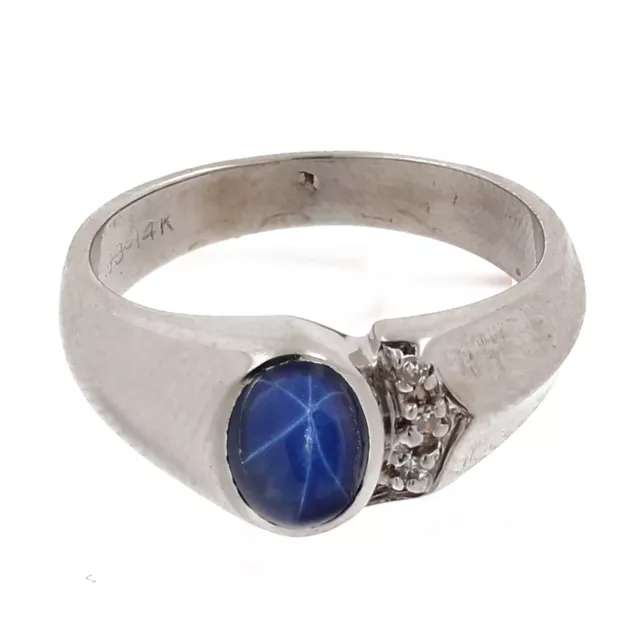 Blue Star Sapphire Diamond Ring 14K White Gold Cabochon Gemstone SZ 7.75 Estate