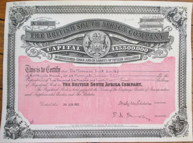 British South Africa Company 1955 Stock Certificate, Pink and Black