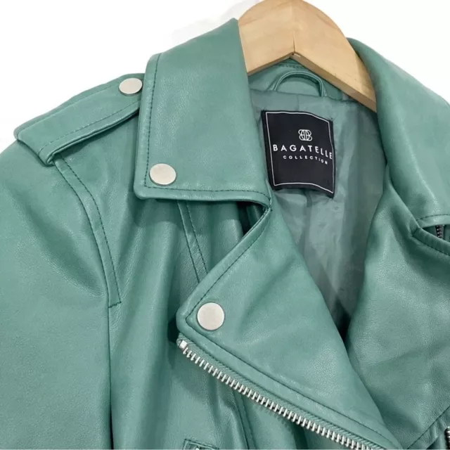 BAGATELLE WOMENS FAUX Leather Belted Biker Jacket Teal Green Size Small ...