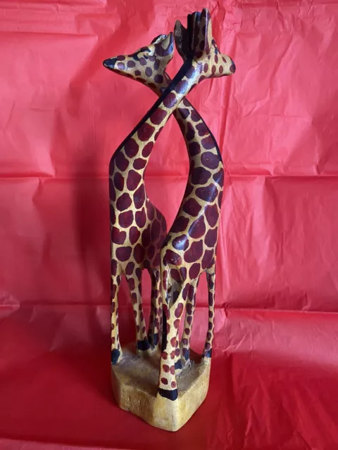 Hand Carved African Wood Art Wooden Entwined Giraffe Pair Figurine Statue