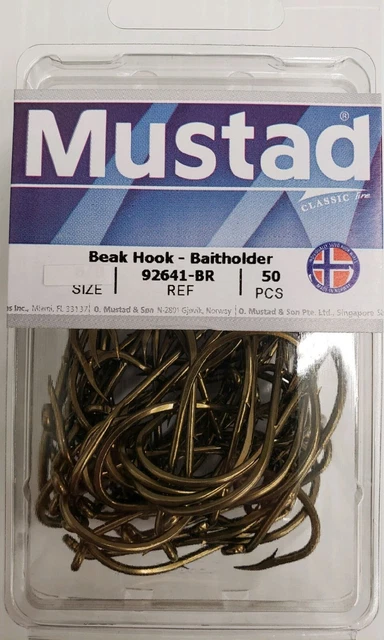 thumbnail image 2 of Mustad 92641-GL Gold Baitholder Hooks - Offset Beak, Sizes 5/0 & 6/0, 50pk (Repacked) 2 of 6