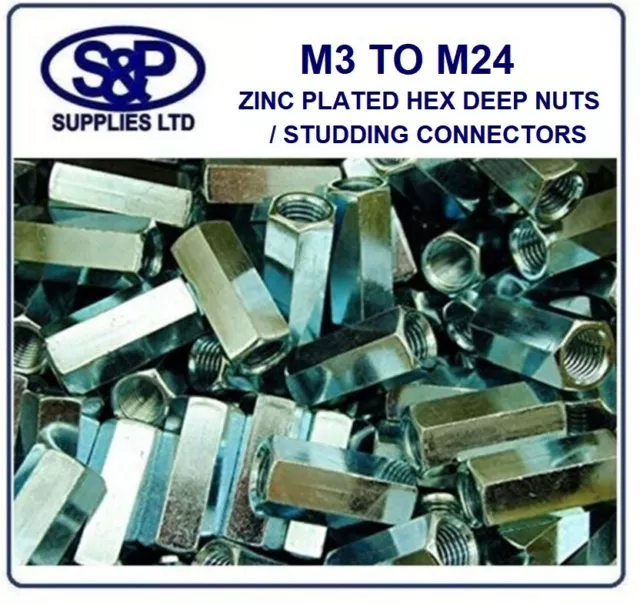 M3 M4 M5 M6 M8 M10 M12 M16 M20 M24 Steel Hex Deep Nuts Bzp Allthread Connector